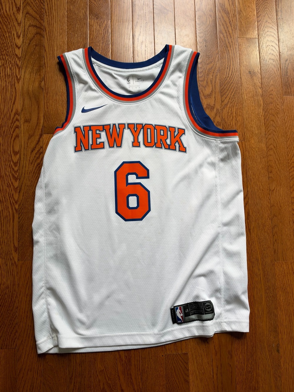 Nike White New York Basketball Jersey with Orange & Blue Accents #6